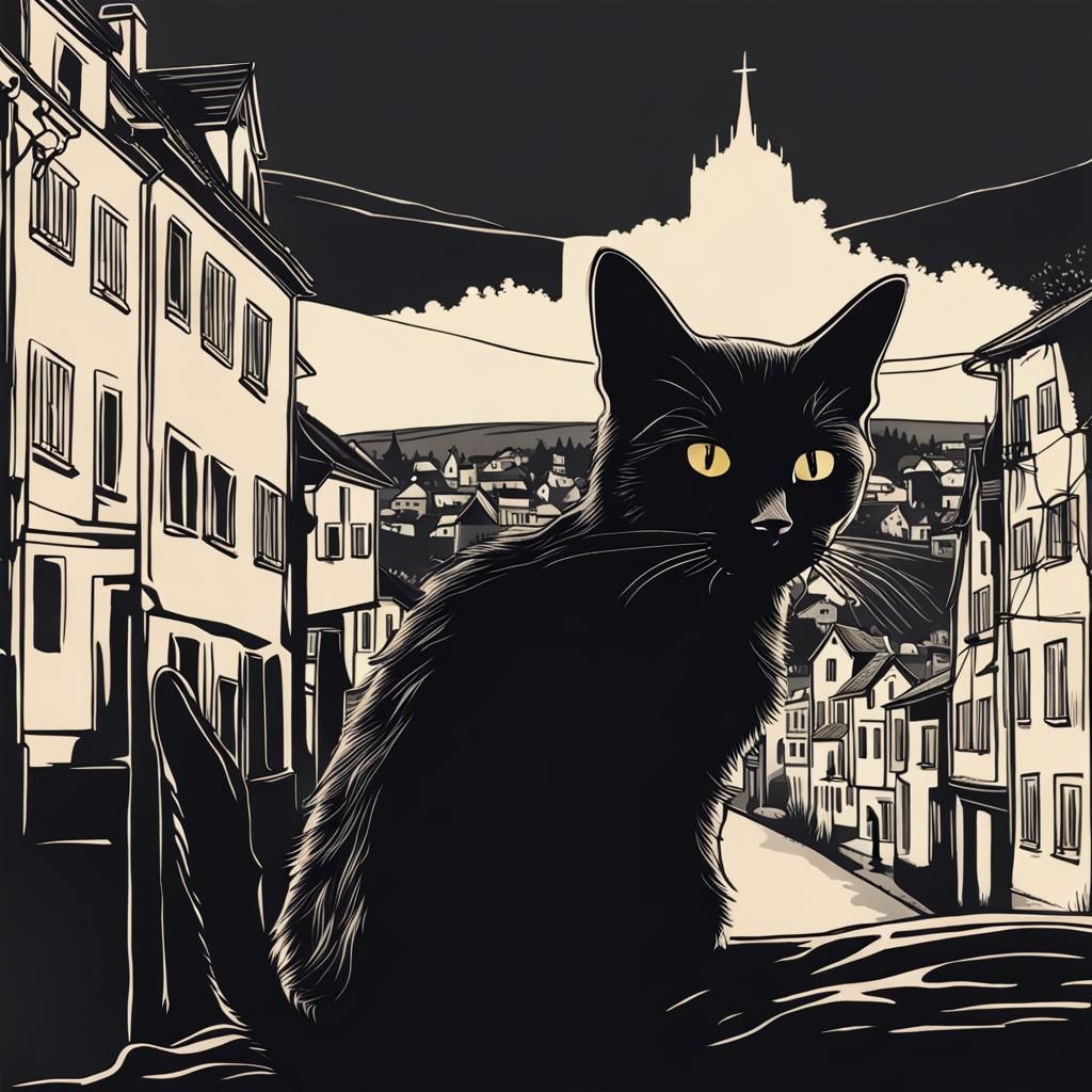 Silhouetted Black Cat in Alsatian Town