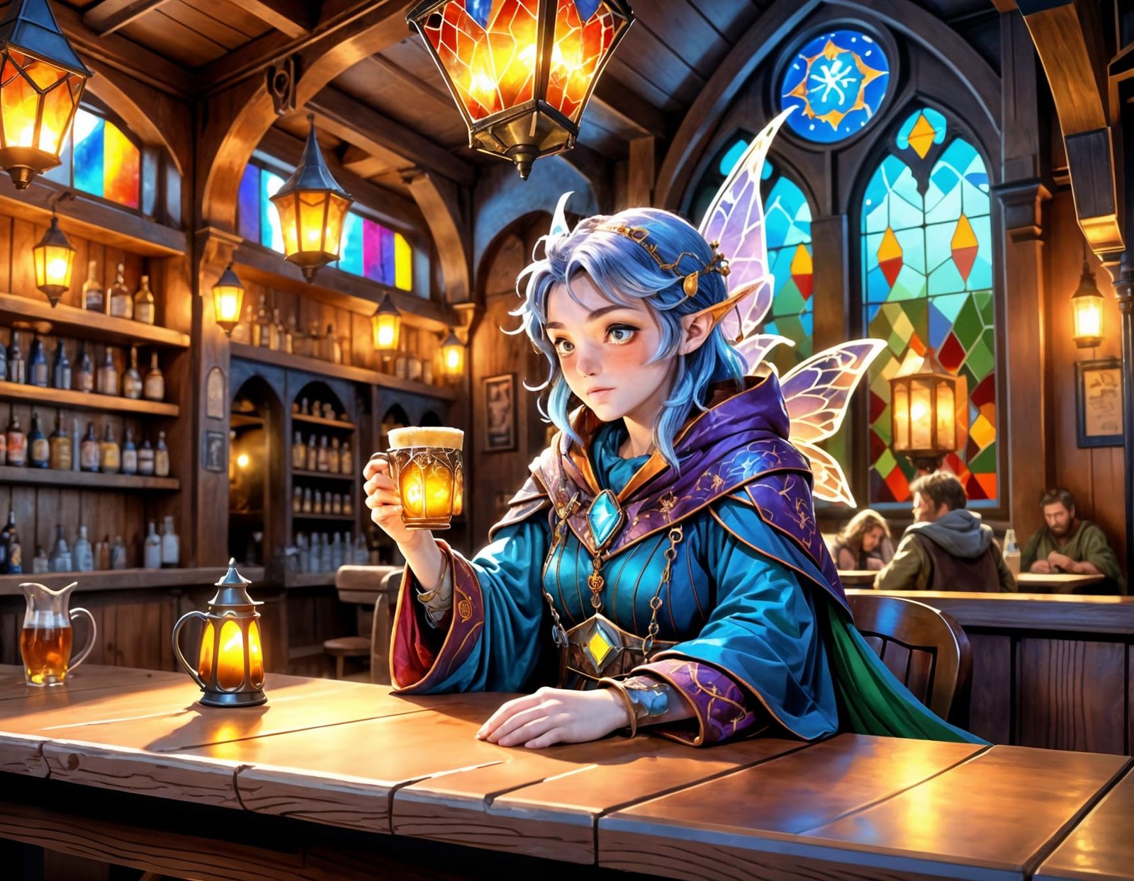 D&D Fairy Sorcerer in a pub with a cup of mead