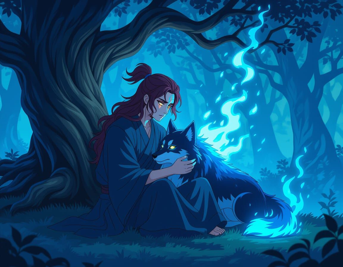 Young Cultivator and Mystical Wolf in Anime Style
