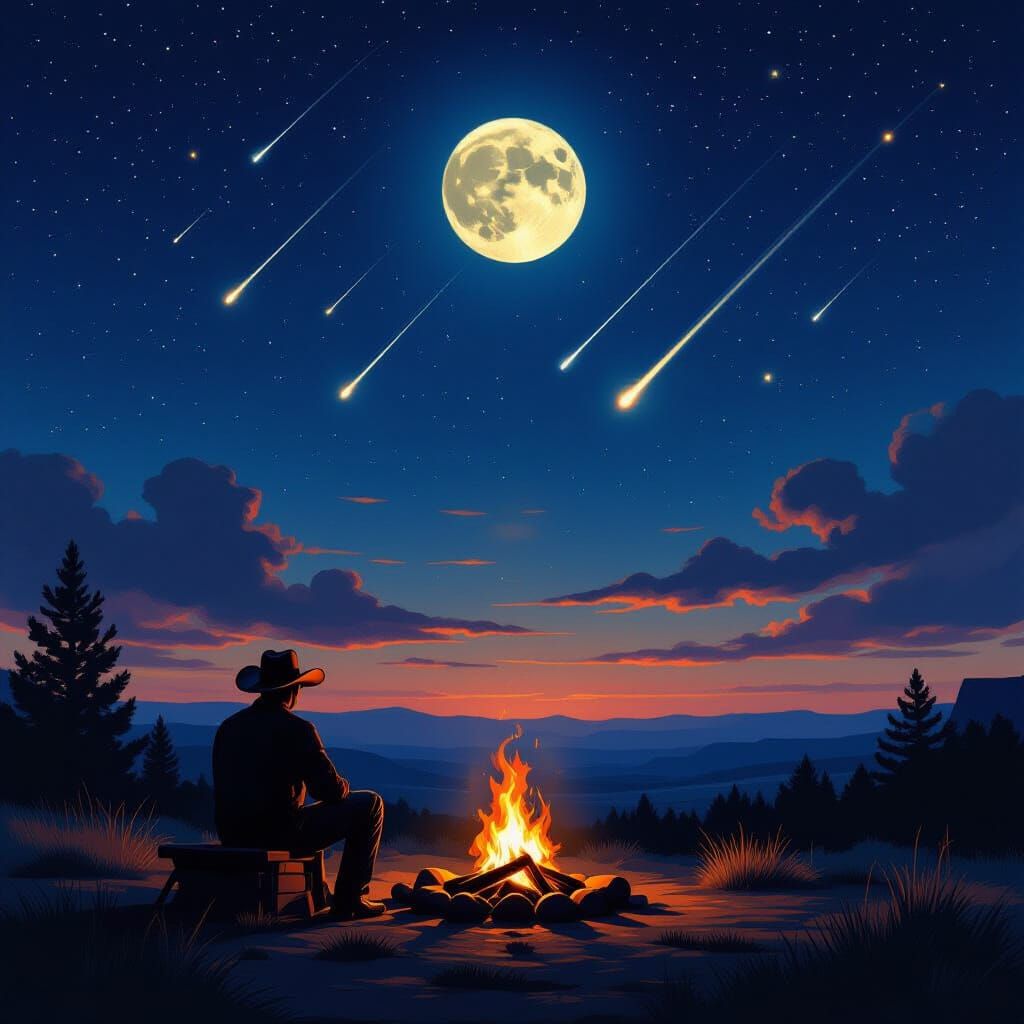 Cowboy Watches Meteor Shower Under Full Moon