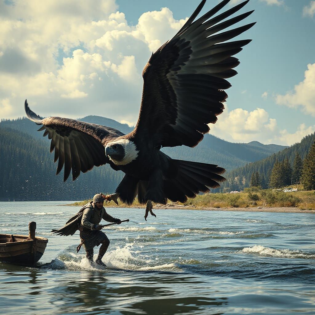 Giant Black Eagle Attacks Hunter Near River