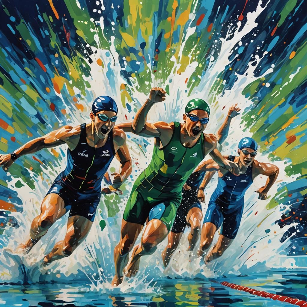 Paralympic Swimmers Relay Race in Sports Action Painting