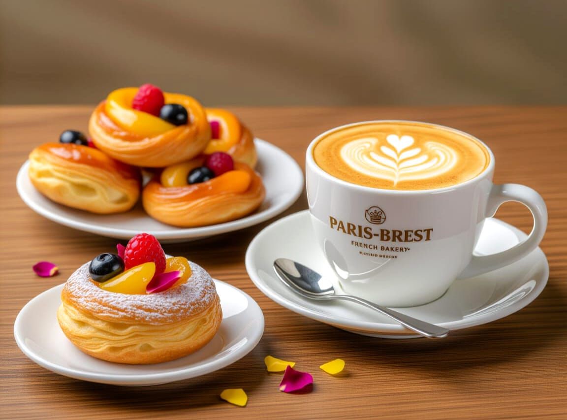 Fruit and Flower Pastries with Cappuccino