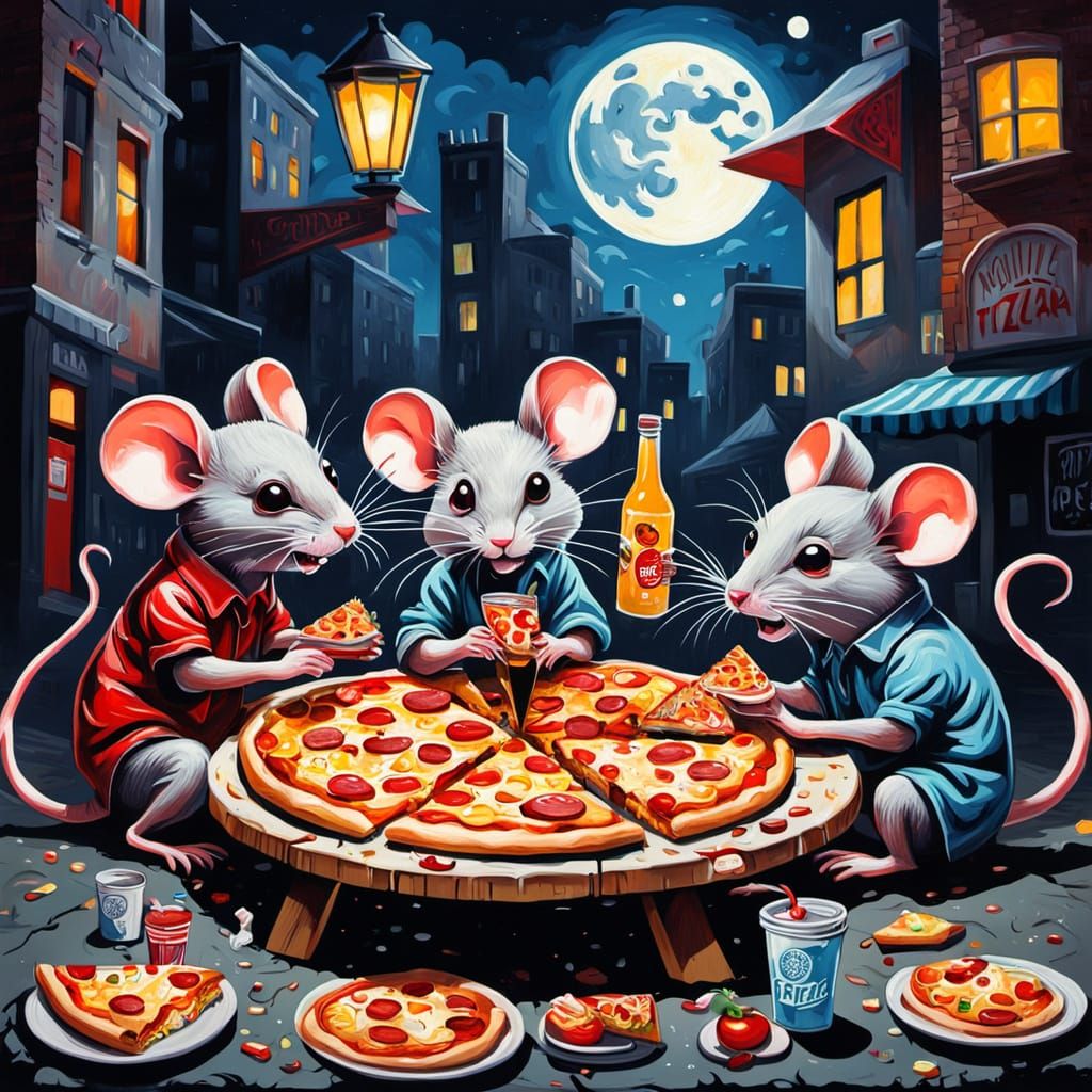 Moonlit Pizza Picnic with Sommelier Mice in Graffiti Art
