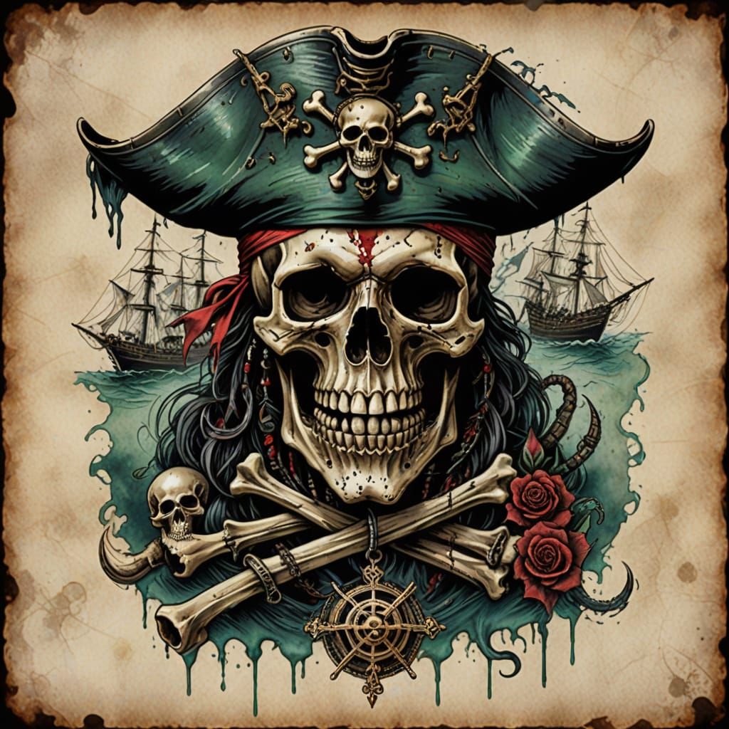 Gothic Pirate Skull Tattoo with Snakes and Treasure