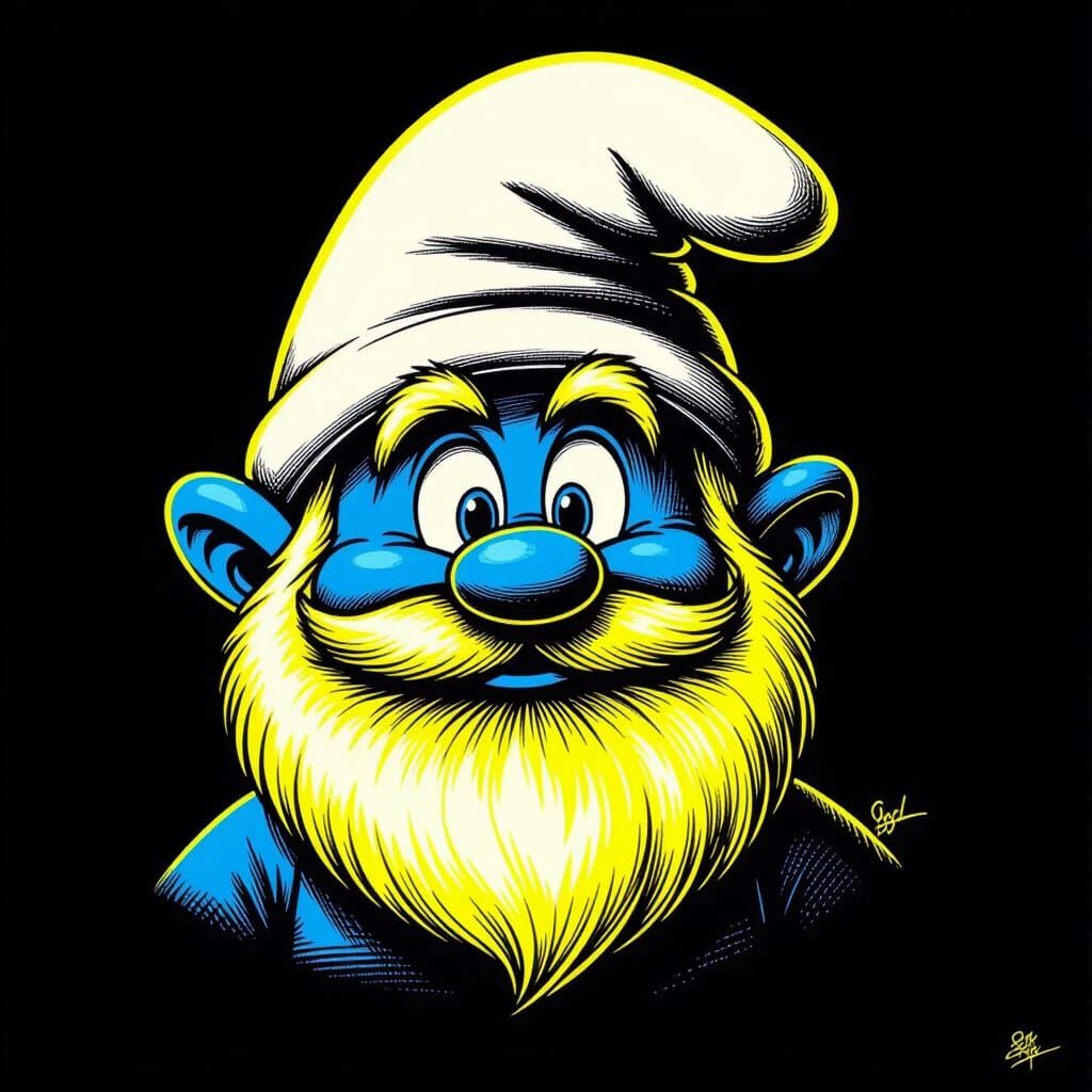 Hyperdetailed Neon Yellow Papa Smurf Charcoal Drawing