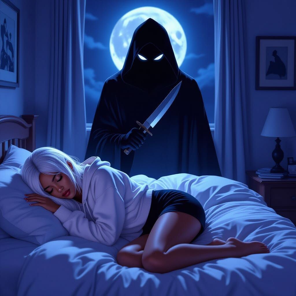 African Woman Sleeping Peacefully as Shadow Figure Looms