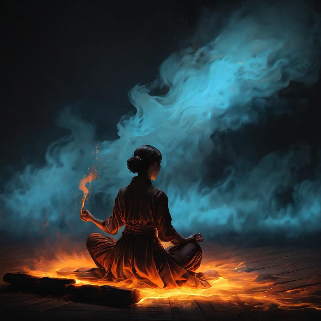 Meditative Woman Surrounded by Flames in Pop Art