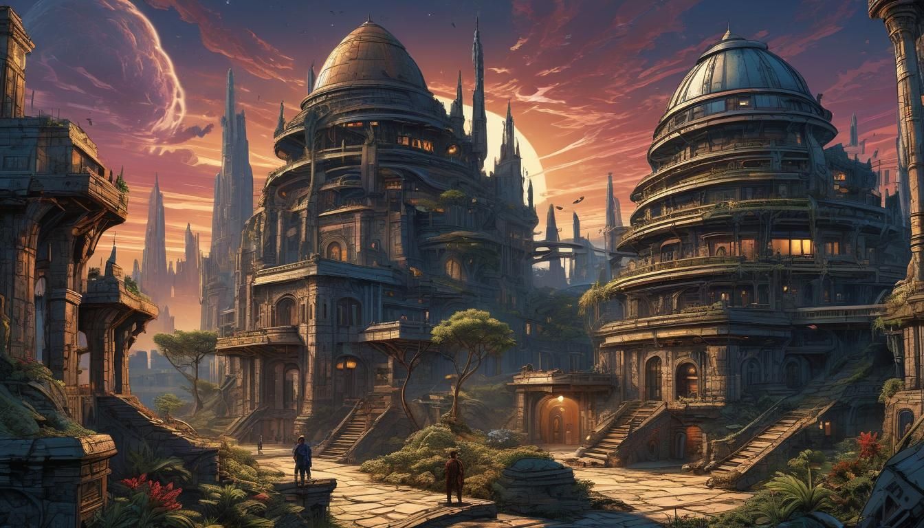 Exoplanet City: Ancient Buildings in Comic Book Style