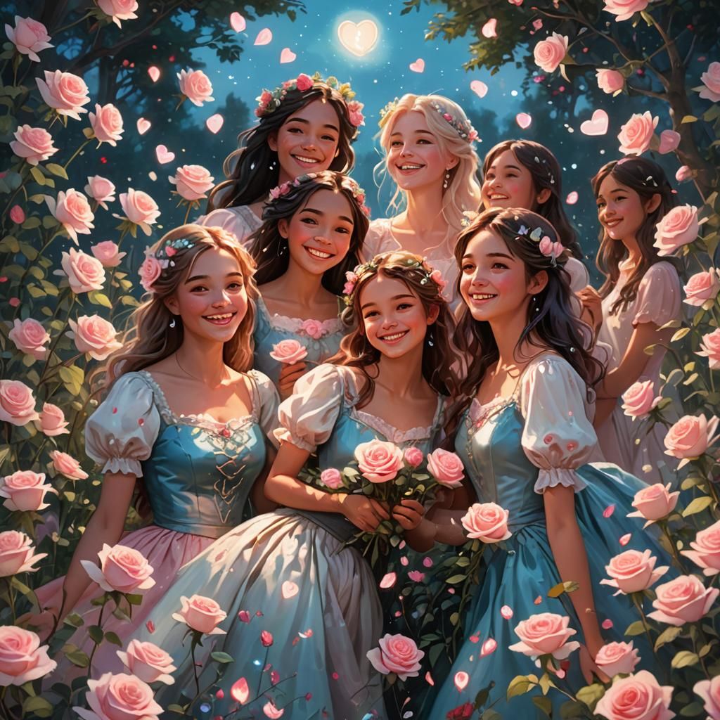 Friends in Meadow Holding Roses: Fantasy Concept Art