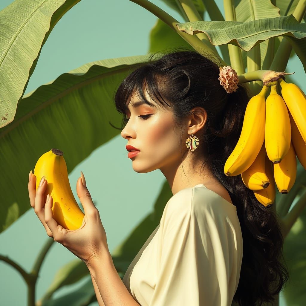 Surrealistic Portrait of a Woman with Bananas