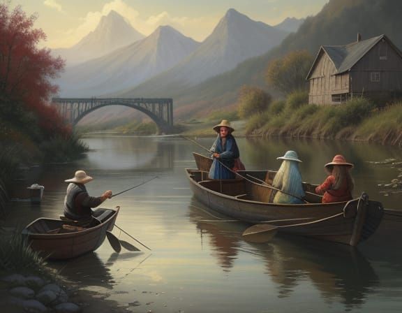 Three Female Fishermen by River in Detailed Digital Illustra...