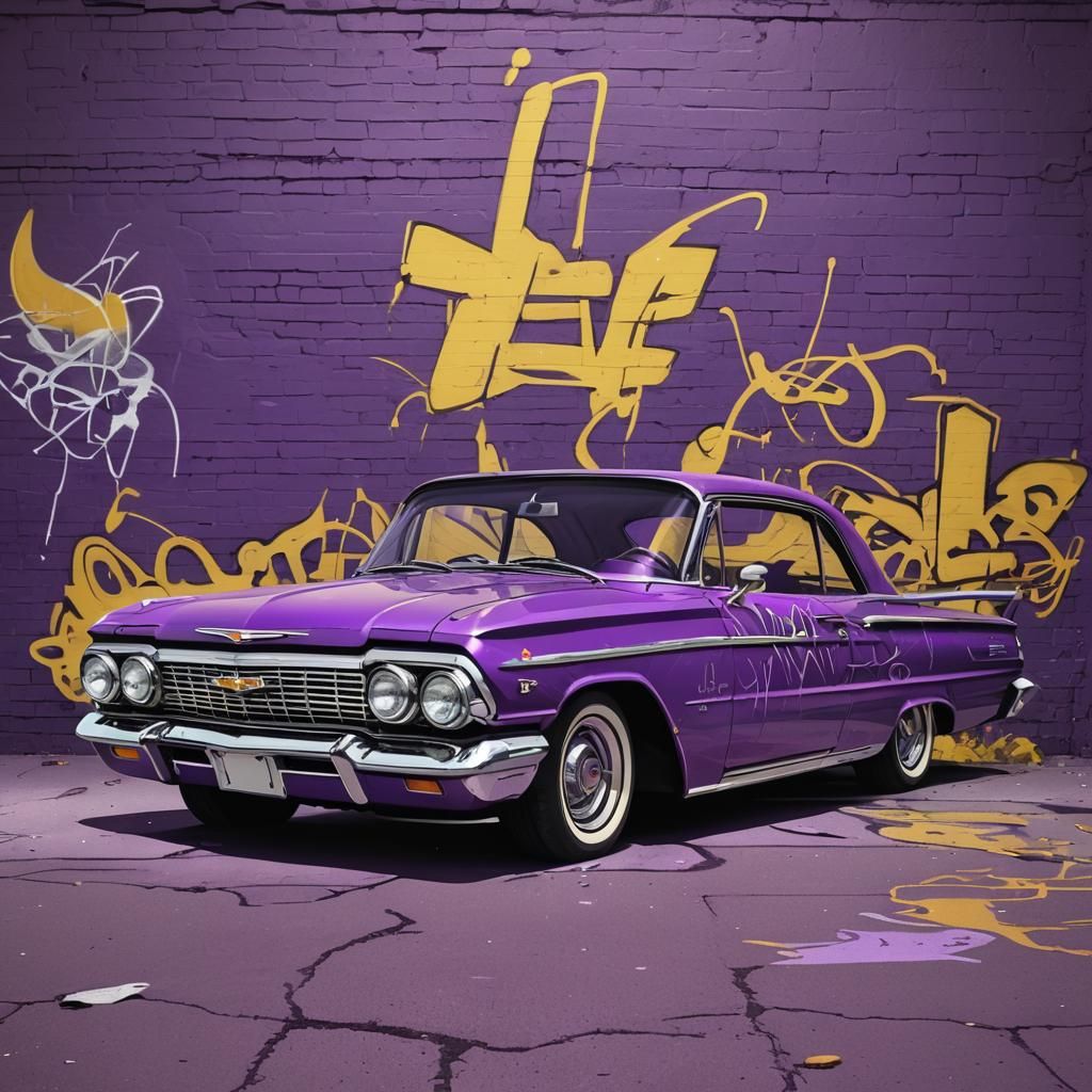 Purple '61 Chevy Impala in Pop Art Style