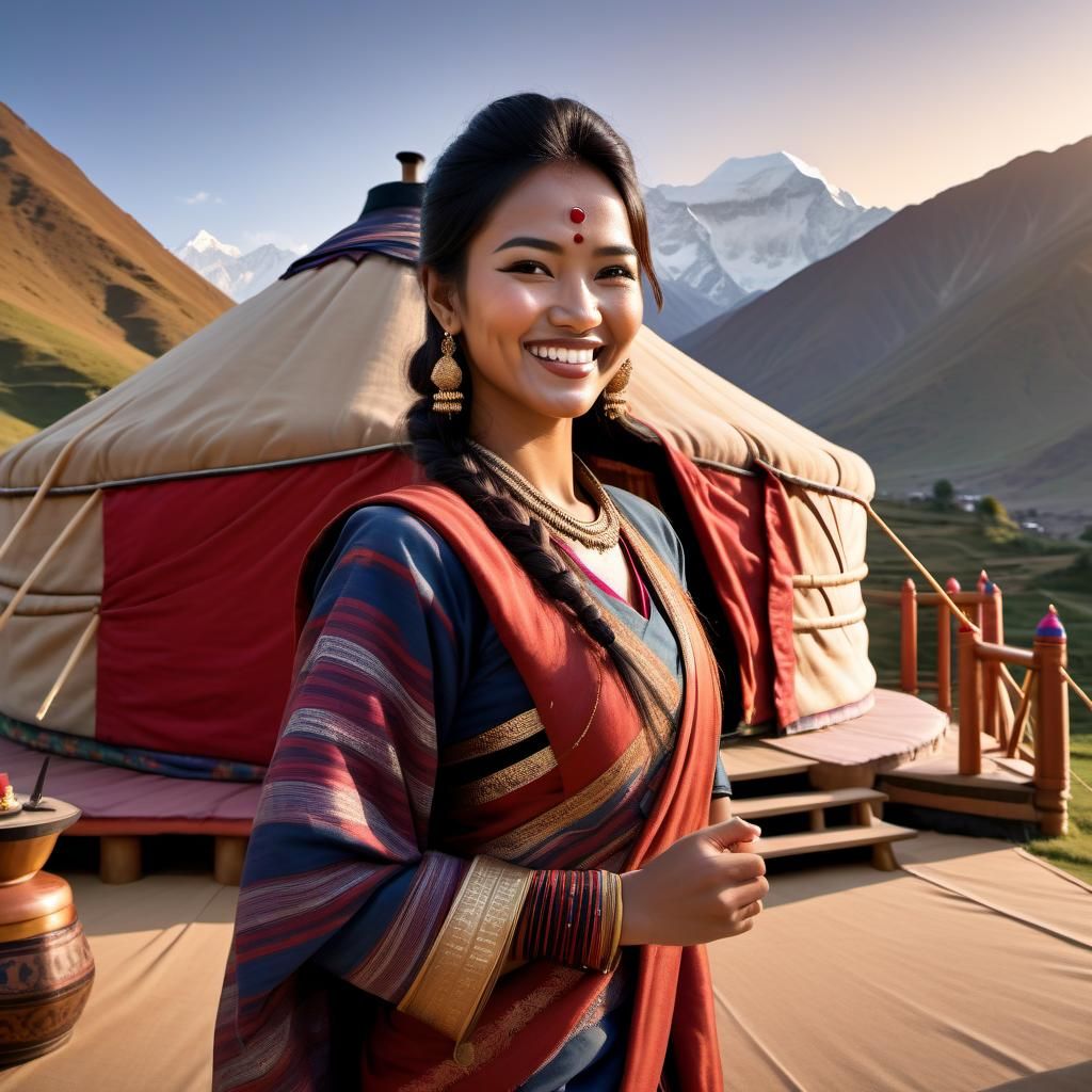 Welcoming Gurka Woman at Yurt Entrance