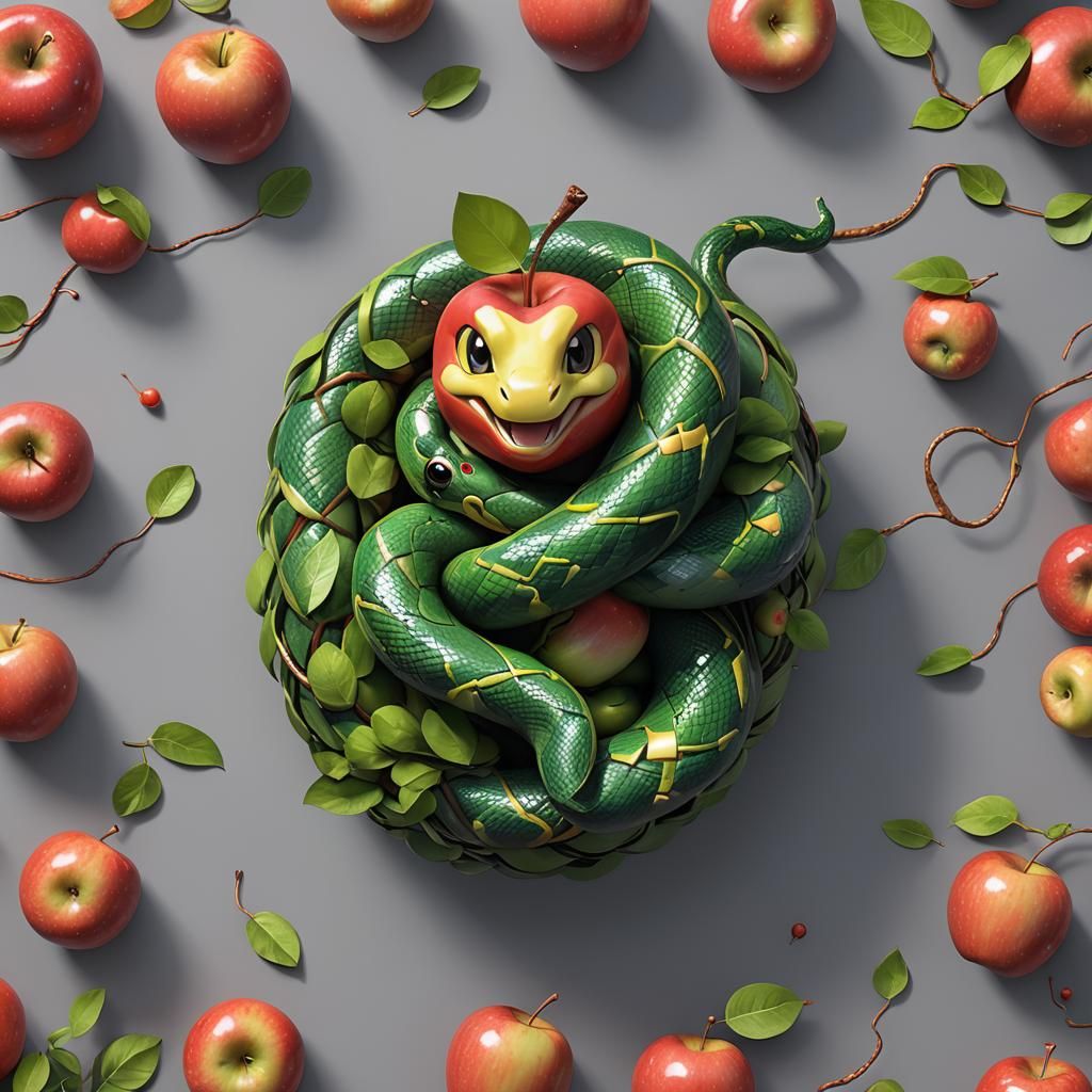 Cute Snake Wrapped Around Apple in 3D Anime Art