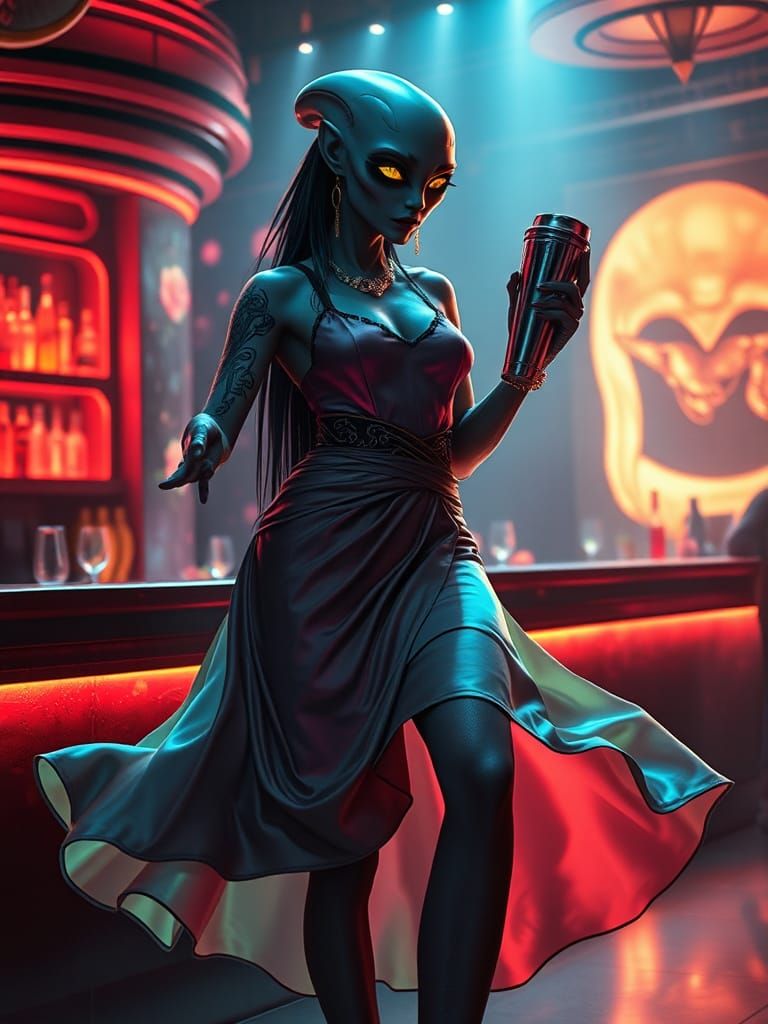 Cosmic Barmaid in Futuristic Attire