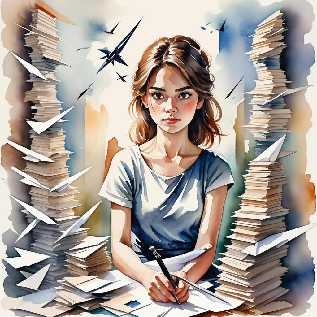 Woman with Sword Amidst Paperwork in Watercolor Style