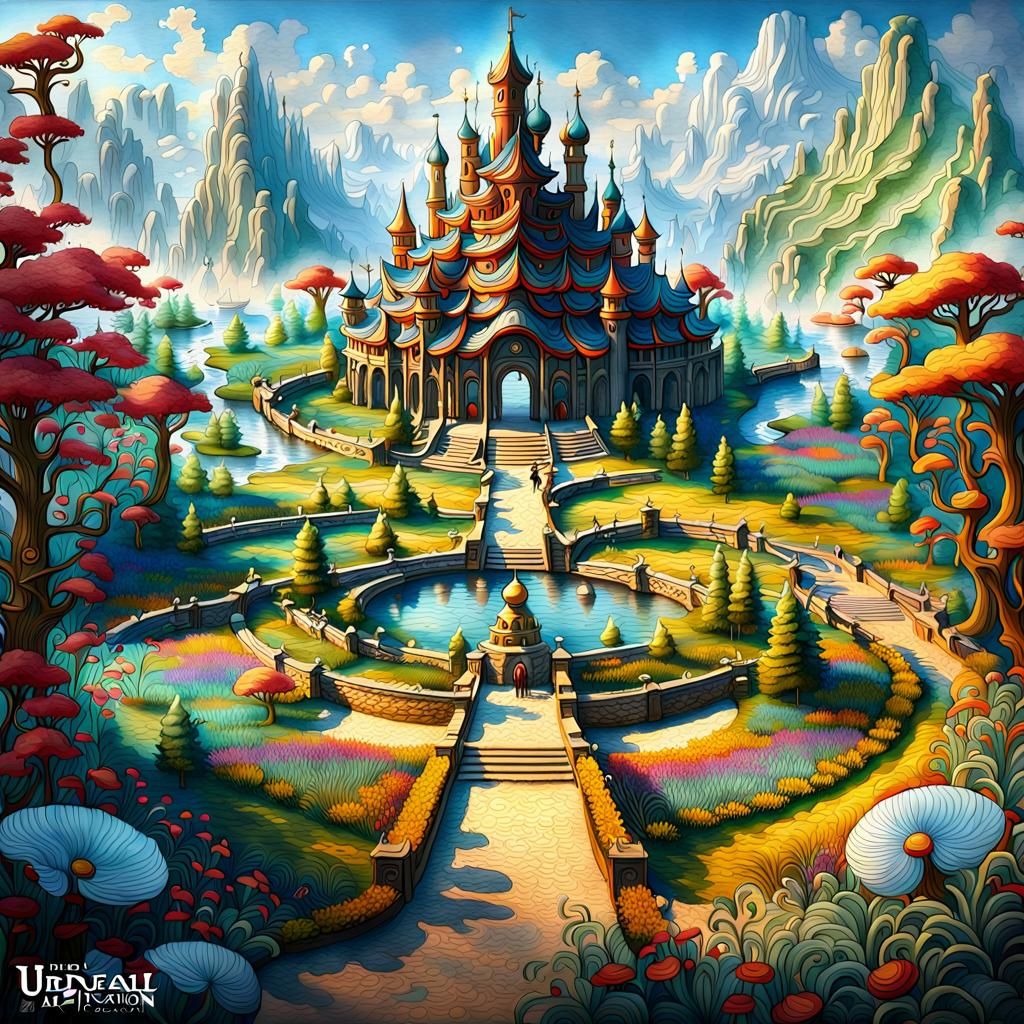 Utopian Garden Park: Colorful Ink and Watercolor Drawing