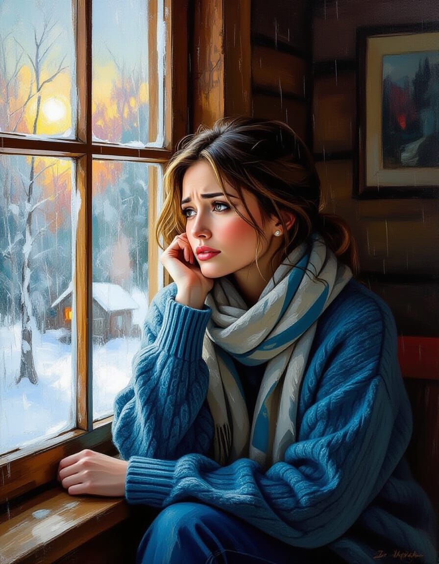 Melancholic Woman by Window, Winter Rain Outside