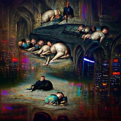Cyberpunk Renaissance: Crawling Figures in a Neon Kingdom