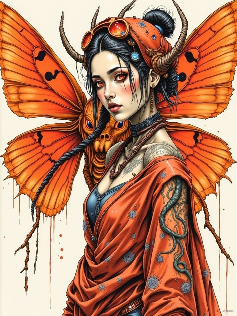 Woman in Sari Faces Giant Moth/Oni Hybrid