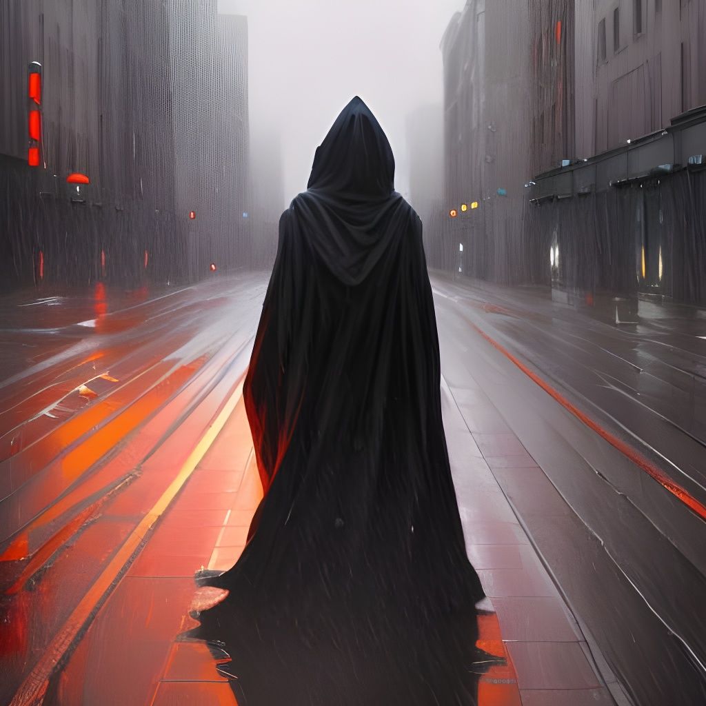Night Streets: Hooded Figure in Rain, Hyperdetailed Art