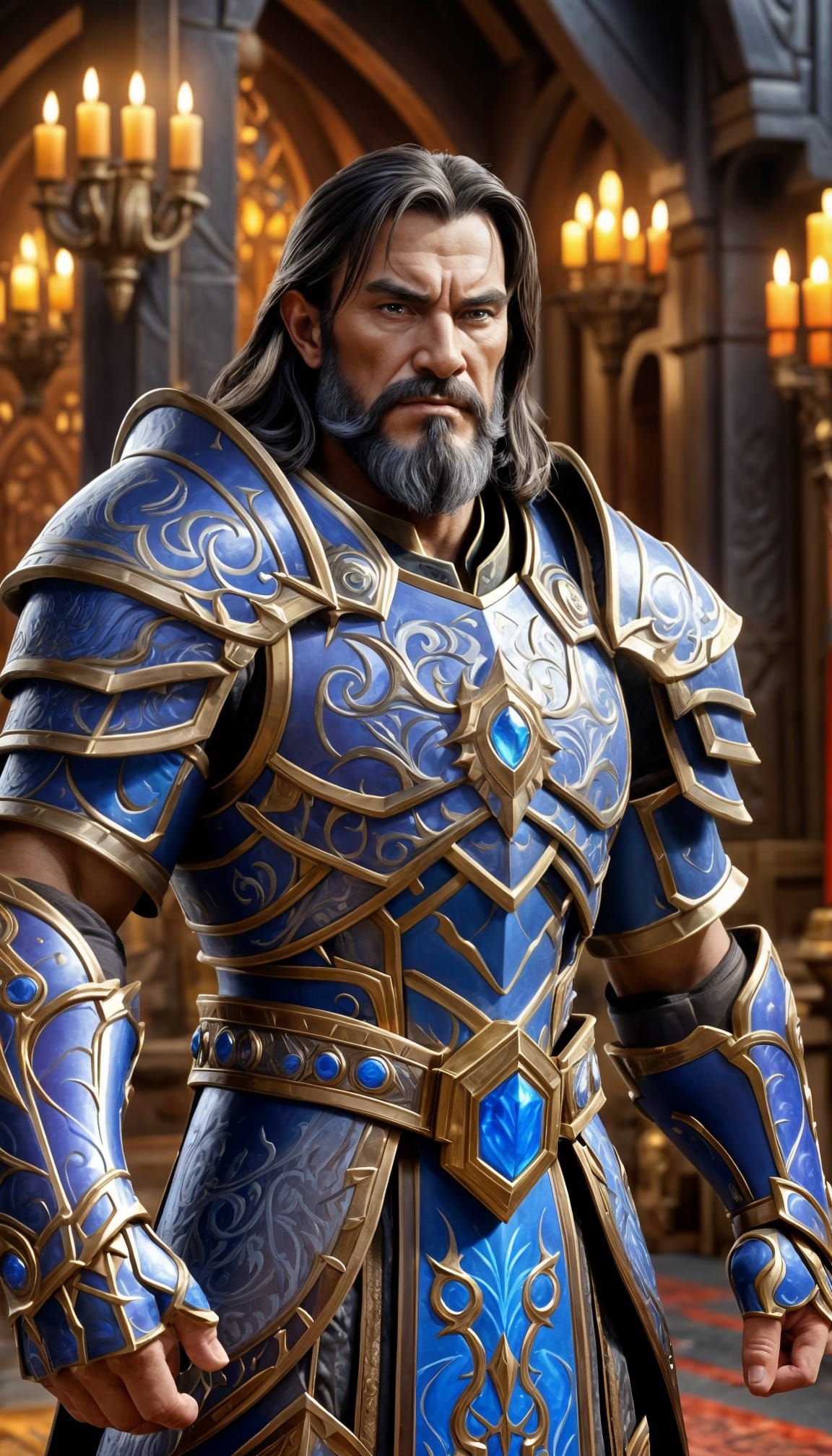 Man in Warcraft Armor on Throne, Hyperrealistic 8k