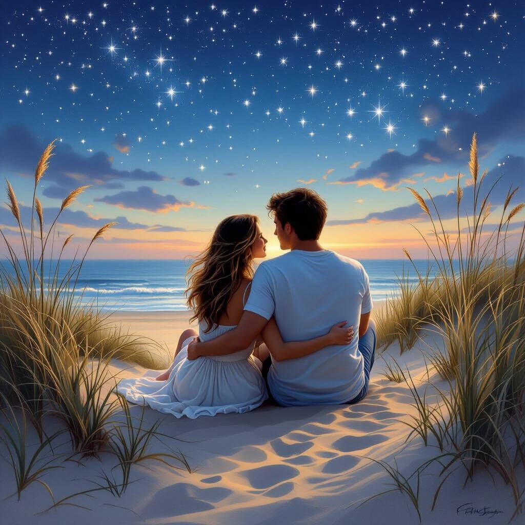 Romantic Couple Gazing at Stars in Dreamy Landscape