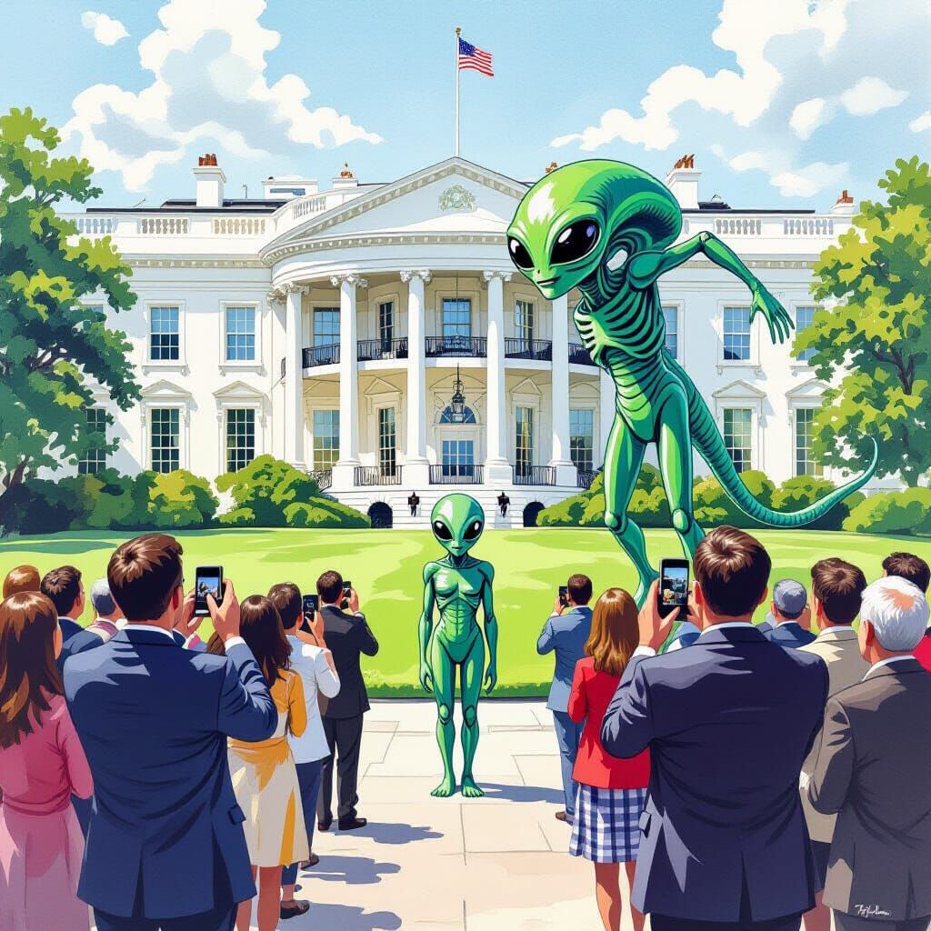 Alien Visit to the White House in Gouache Style