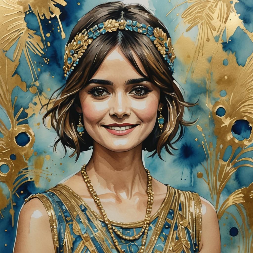 Clara as a flapper girl in blue and gold