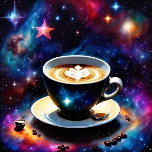 Cosmic Coffee Cup Under Sparkling Stars