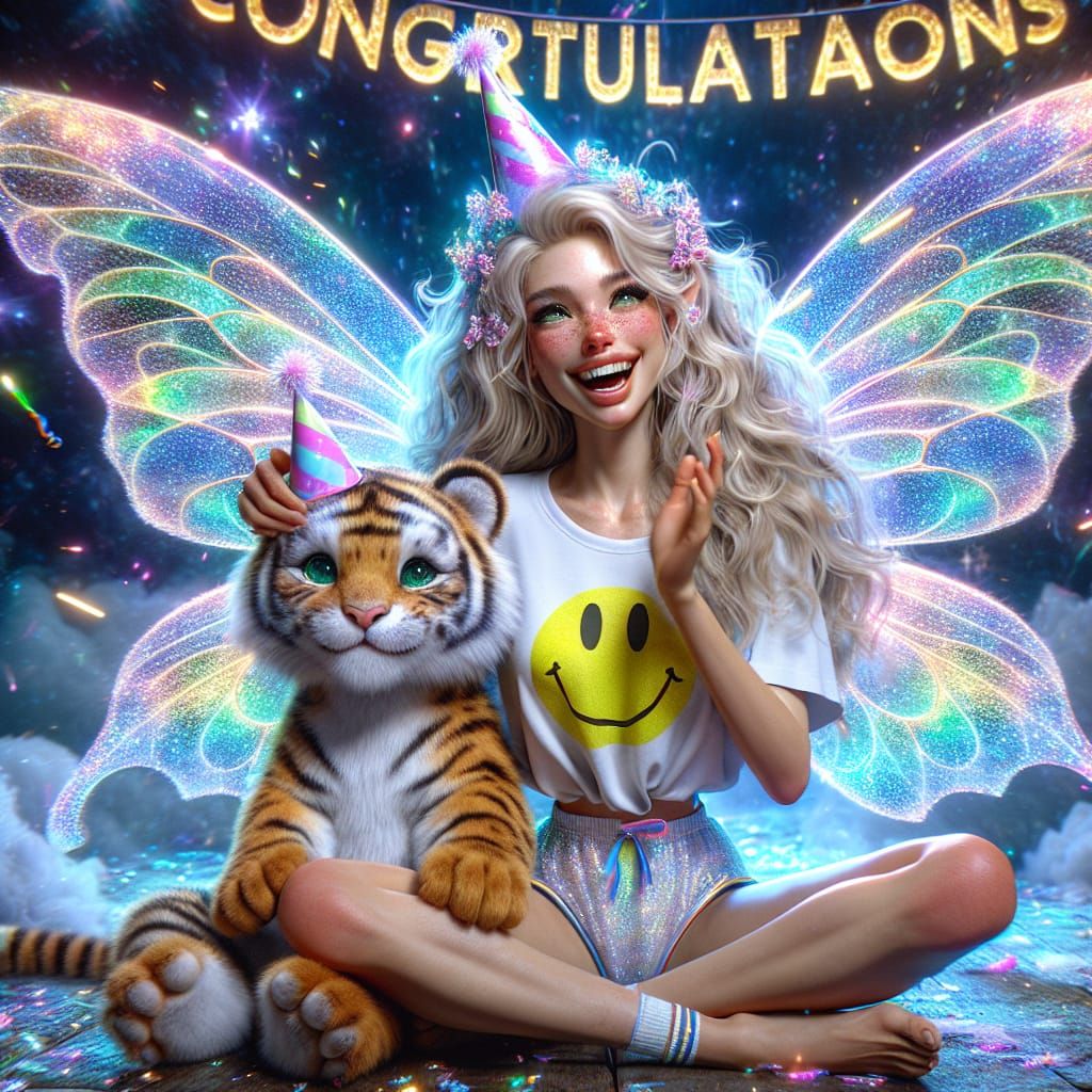 Celestial Fairy Celebrates with Joyful Tiger in Vibrant Part...