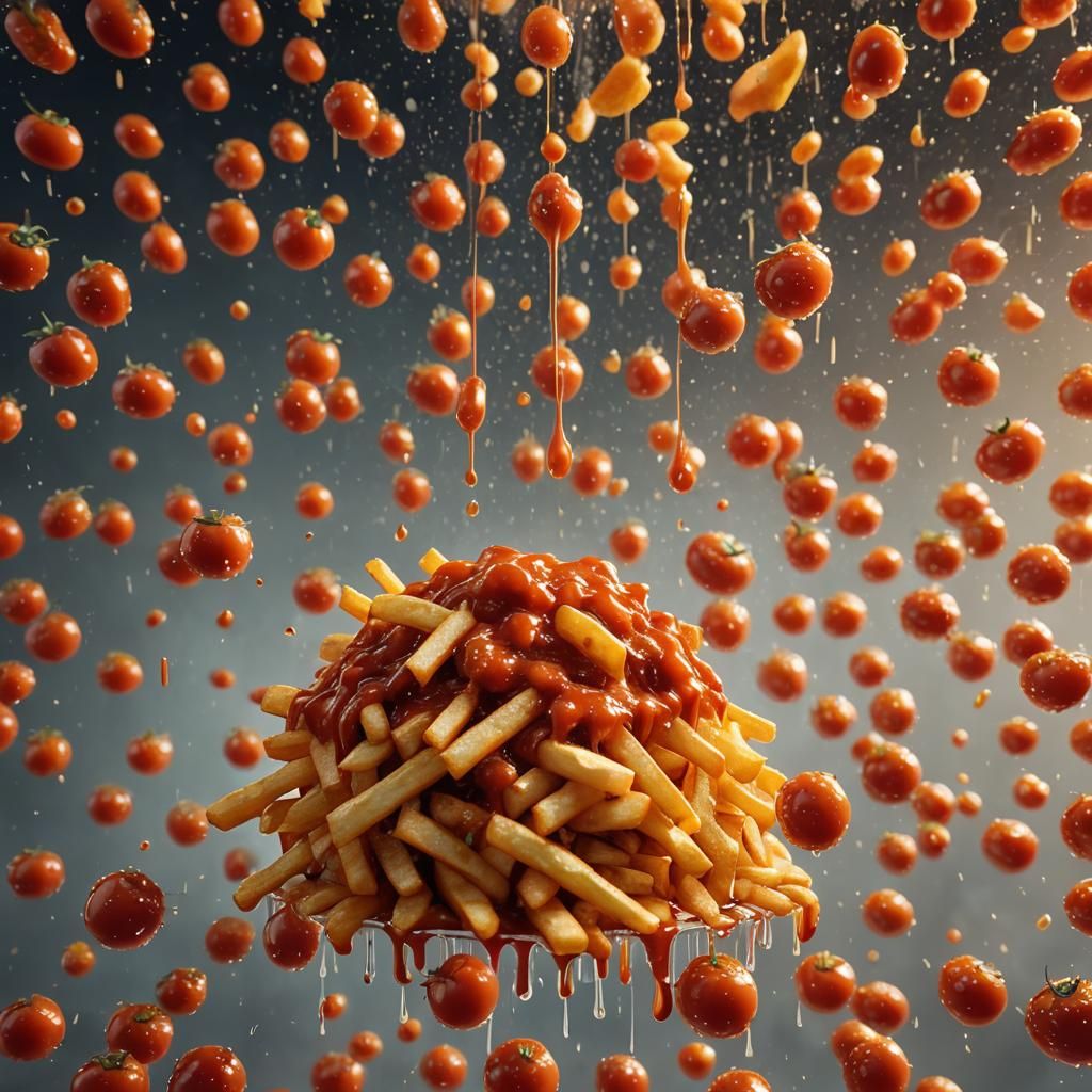 French Fries in Tomato Sauce Shower: Digital Art