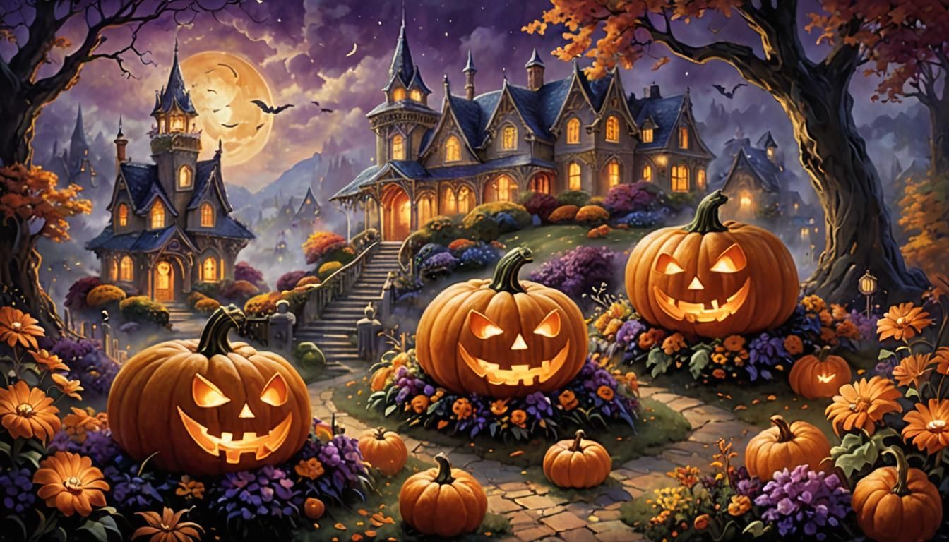 Halloween Pumpkins Surrounded by Flowers in Magical Realism