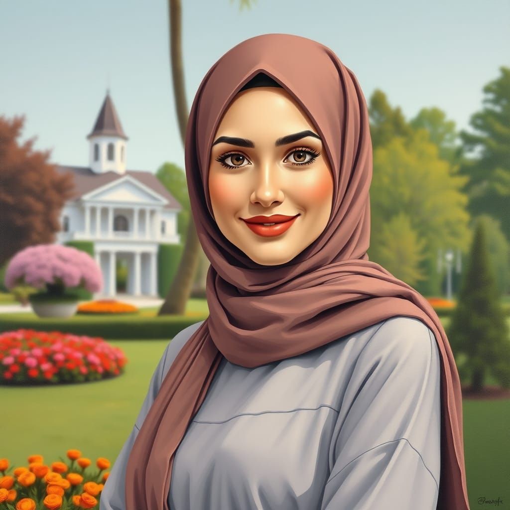 Beautiful Hijabi Woman in Garden Park as Oil Painting