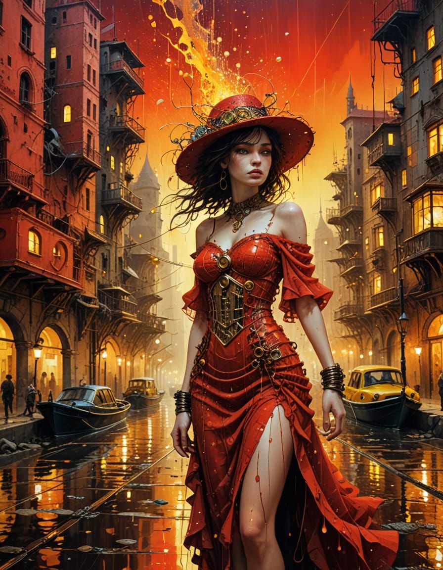 Steampunk Witch in Red Drives Boat in Lost City