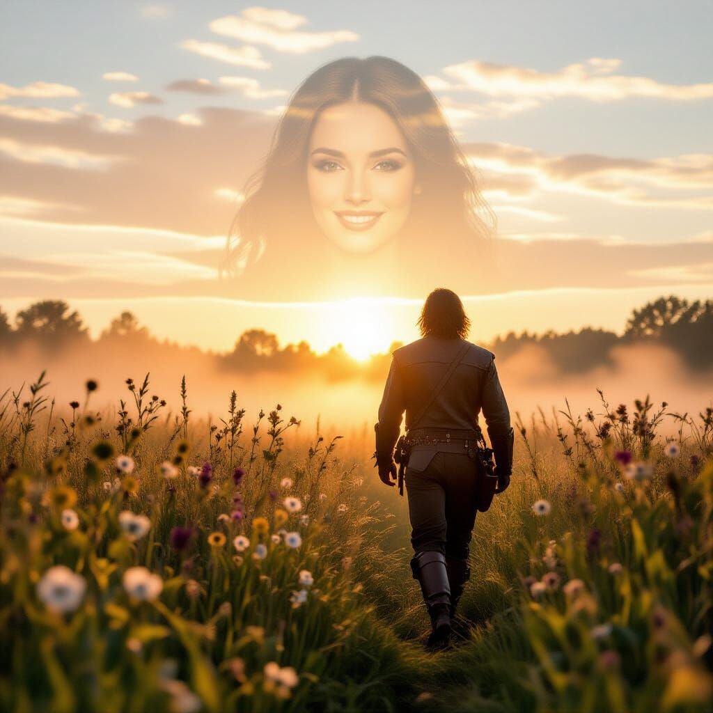 Ethereal Lady in Fog at Sunrise