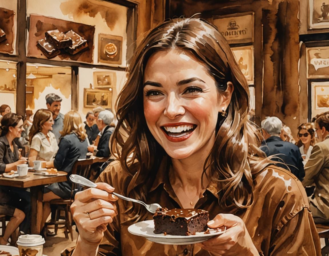Happy Woman Eating Brownie in Gouache Watercolor Style