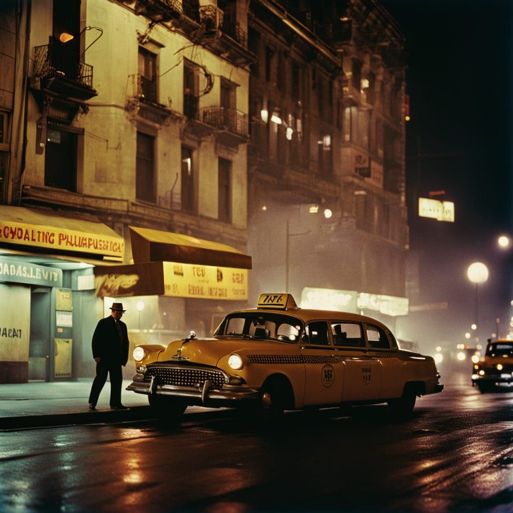 Eerie Night Cityscape with Taxi in Long Exposure
