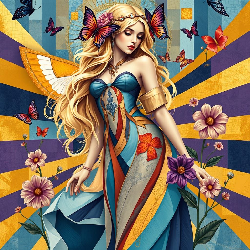 Ethereal Fantasy Goddess in Vibrant Geometric Abstraction