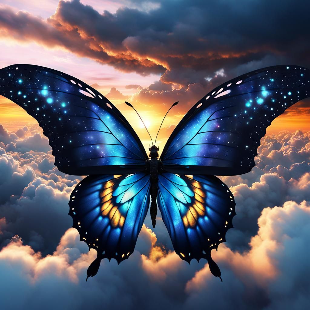 Mystical Butterfly with Galactic Wings at Sunset