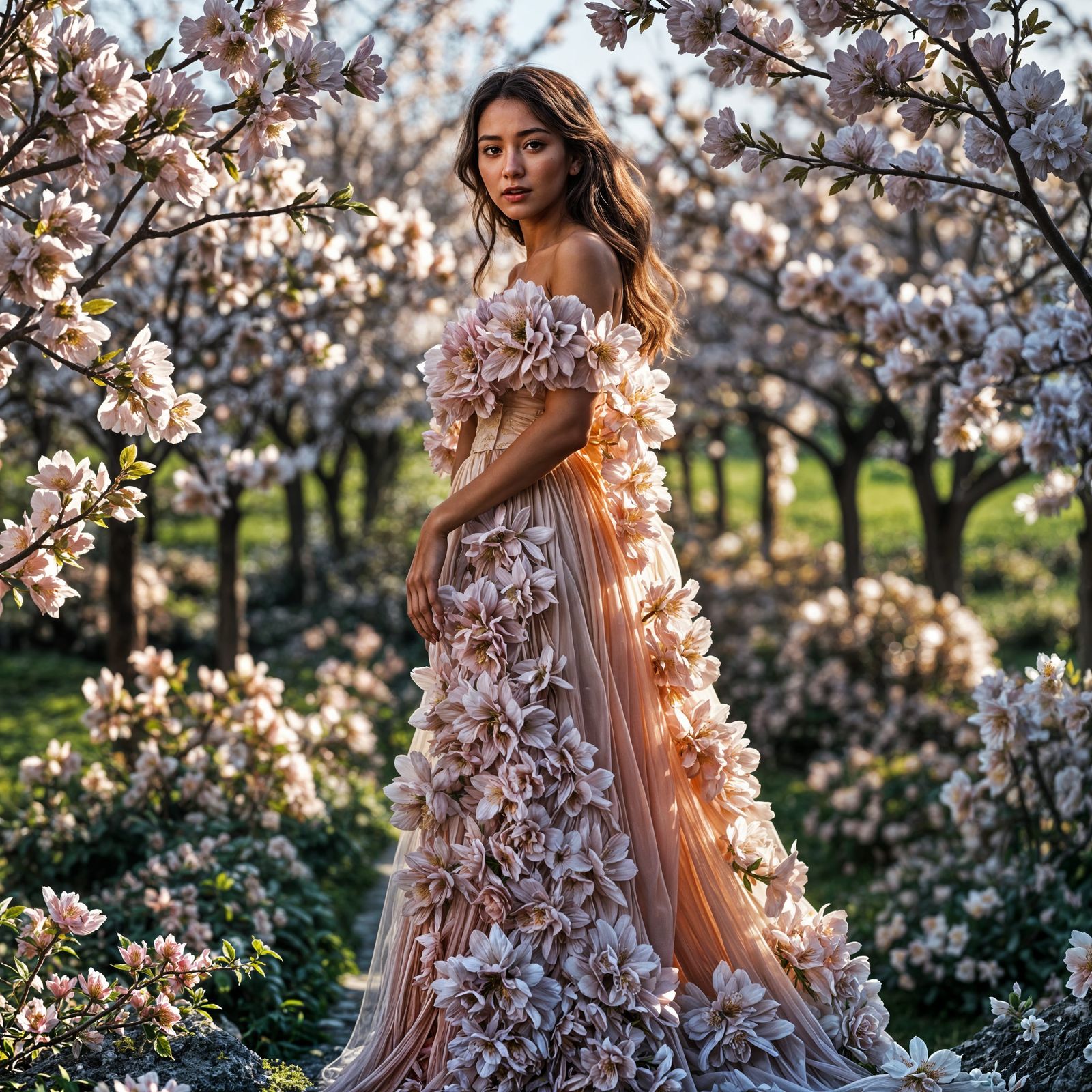 Woman in Cherry Blossom Dress in Enchanting Garden