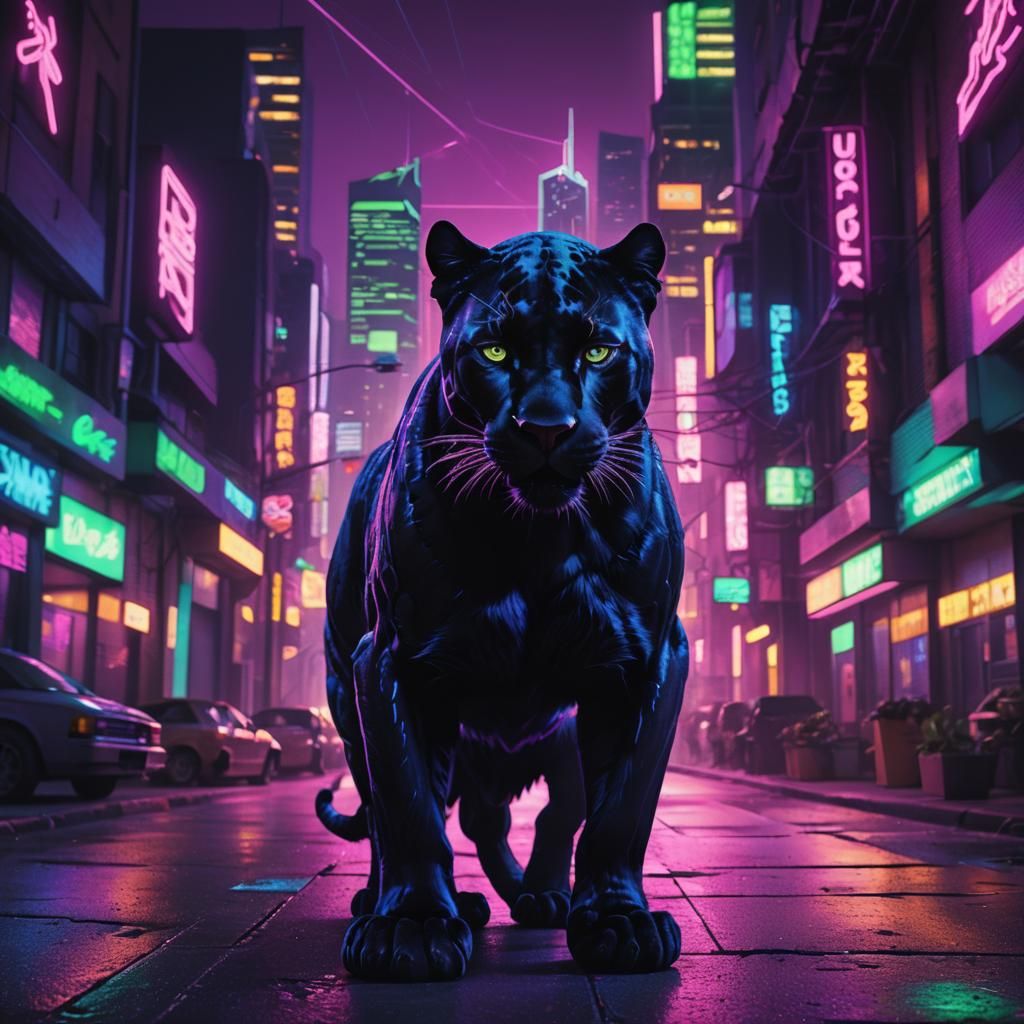 Black Panther in Neon Cityscape: Synthwave Style