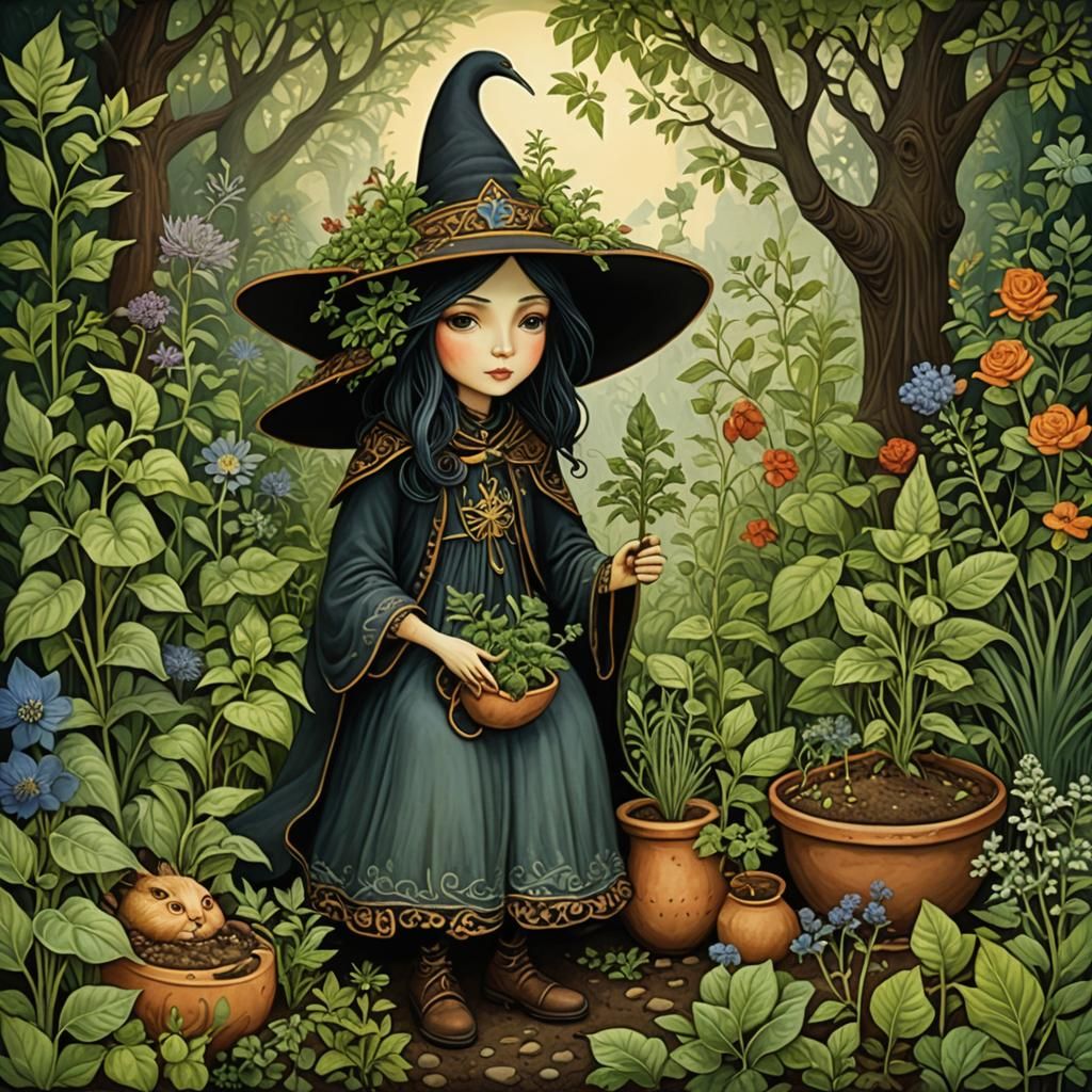 Ancient Herb Witch in Garden, Surreal Folk Art
