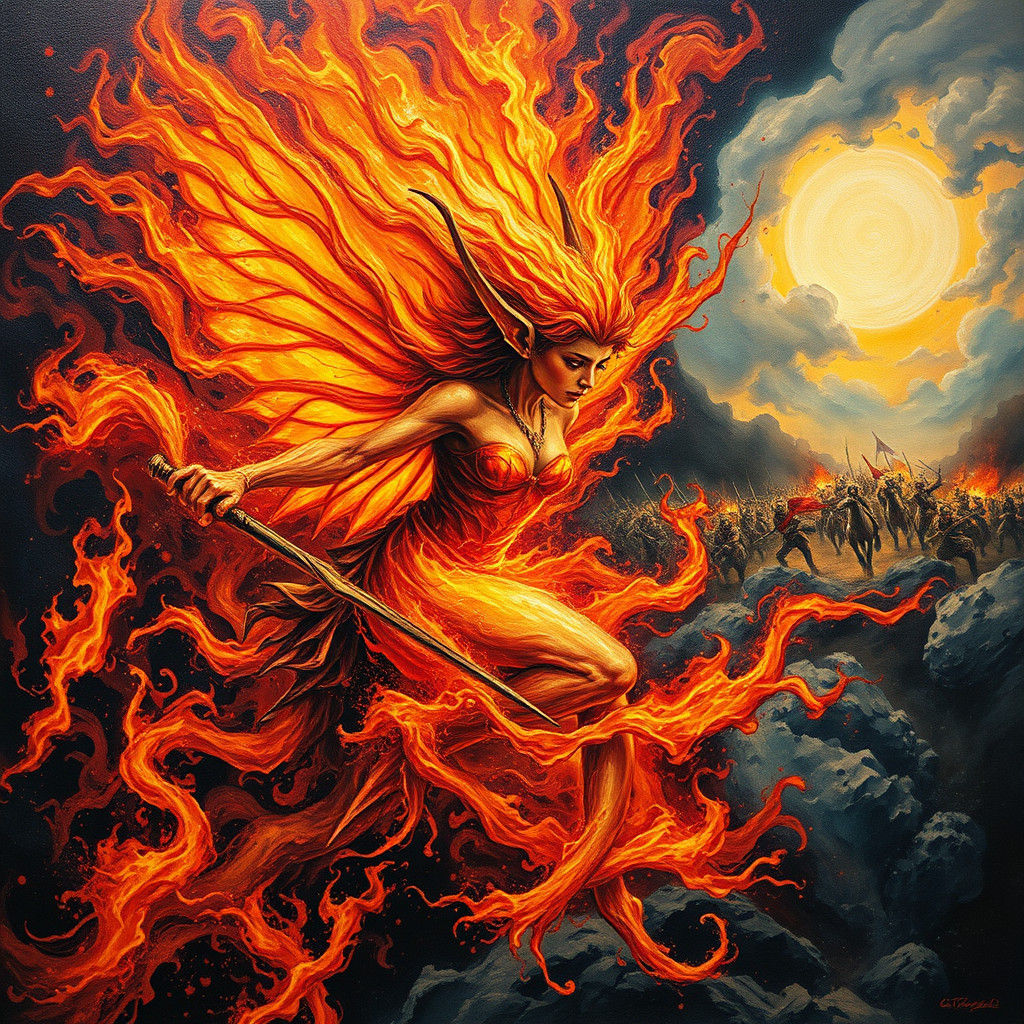 Fiery Fairy Elf in Impasto Abstract Landscape