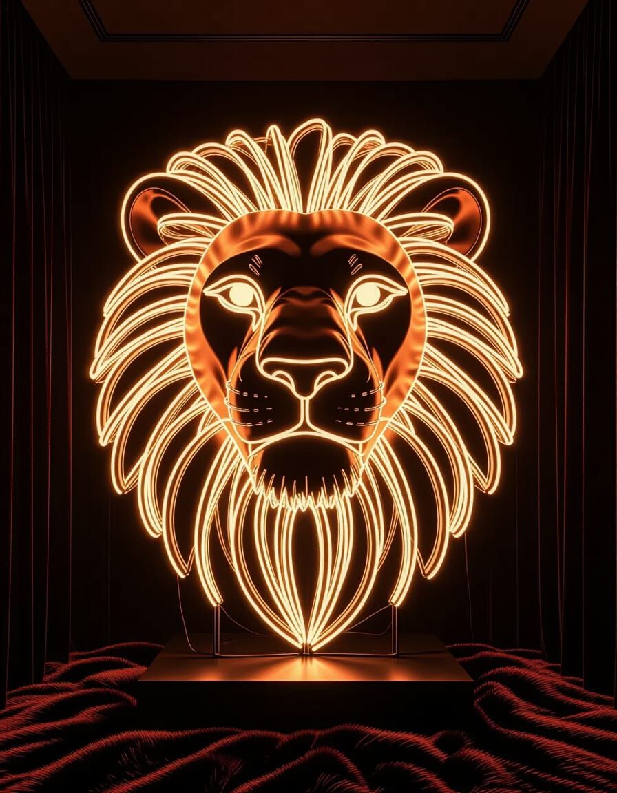 Neon Lion Head Sculpture in Velvet Room