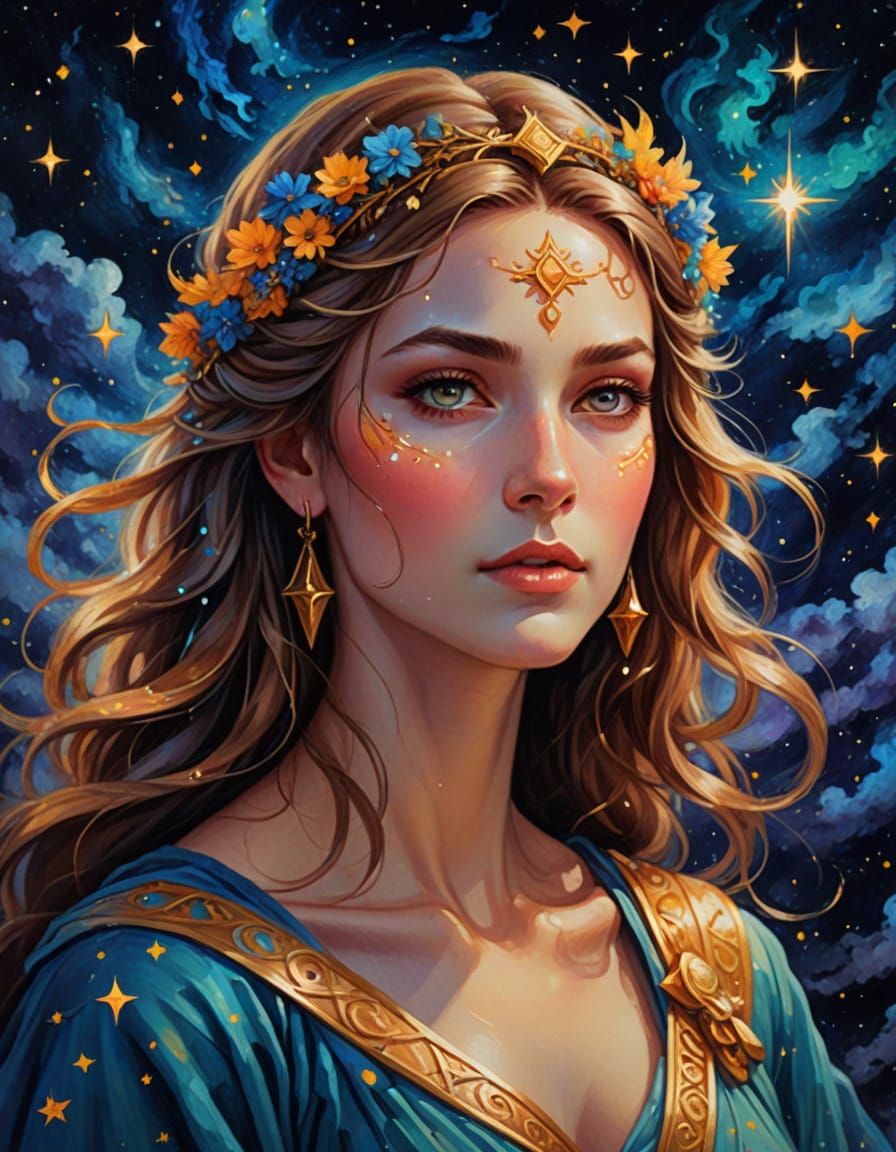 Goddess of the Starry Night in Vibrant Oil Painting