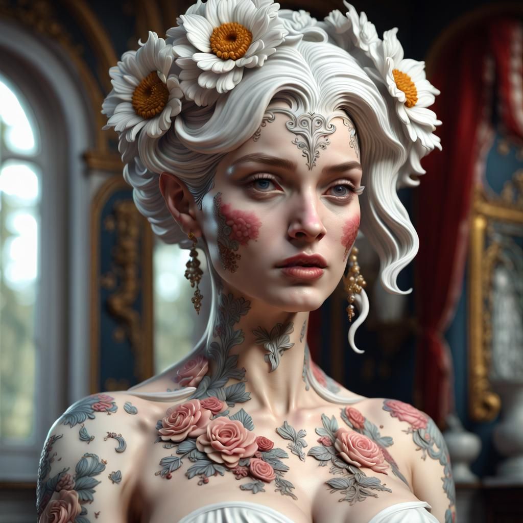 Rococo Porcelain Statue of Woman with Floral Tattoos