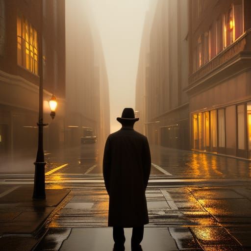 Private Investigator in Rainy Cityscape: Film Noir Anime