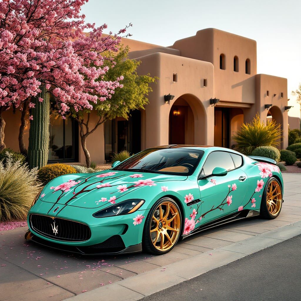 Turquoise Maserati with Sakura Blossoms and Golden Rims